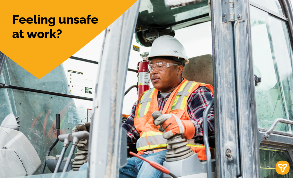 Ministry of Labour, Immigration, Training and Skills Development and Workplace Safety and Insurance Board (WSIB) campaign image of a forklift operator, creating awareness about workplace safety.