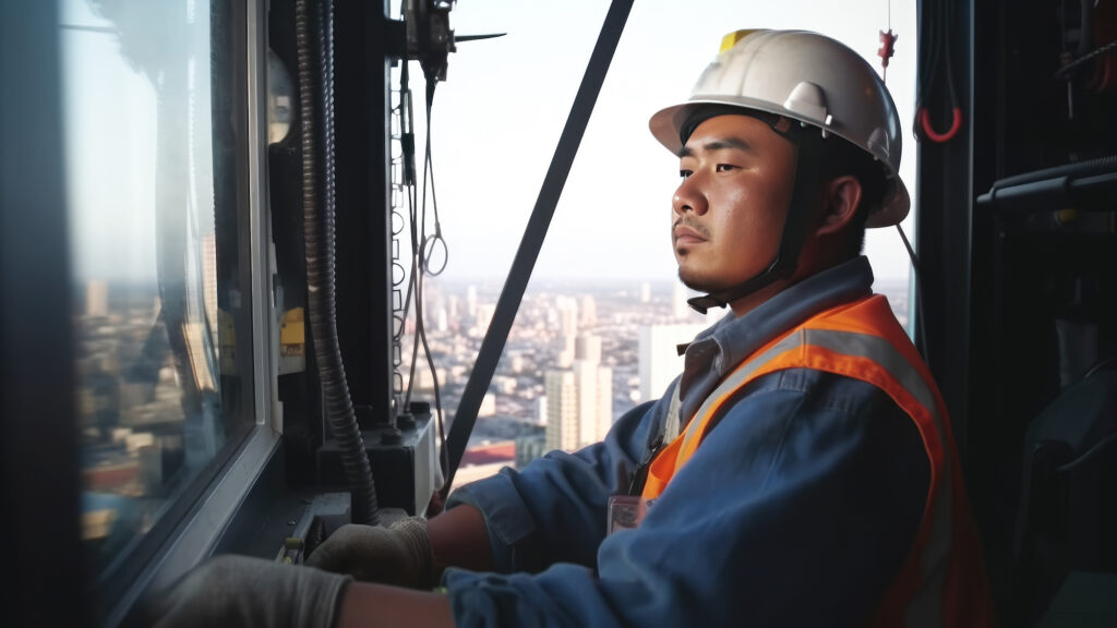 Construction worker operator of Asian appearance in the cab of a construction crane. 